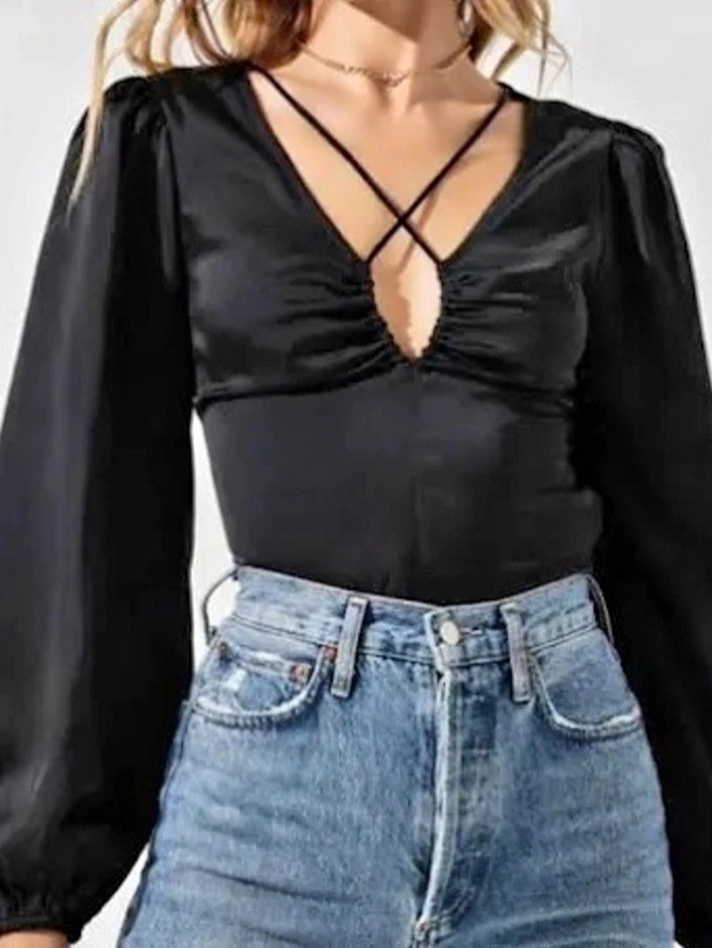 ASTR the Label Satin Cutout Black Blouse